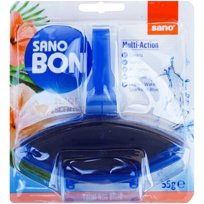 Odorizant solid pentru toaletă Sano Bon Blue Peach Multi-Action, 5 în 1, 55 g 